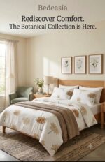 Floral Printed Bedsheet | White Beige Flower Design | Bedeasia