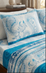 Blue & White Printed Cotton King Size Bedsheet | Bedeasia - Image 3