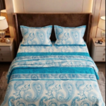 Blue & White Printed Cotton King Size Bedsheet | Bedeasia