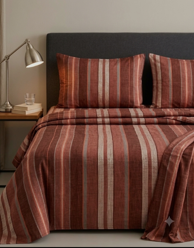 Bedeasia rust striped cotton king size bedsheet on bed with matching pillow covers