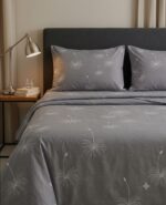 Bedeasia grey dandelion printed single cotton bedsheet set with pillow cover