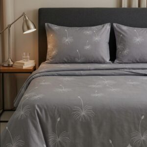 Bedeasia grey dandelion printed single cotton bedsheet set with pillow cover