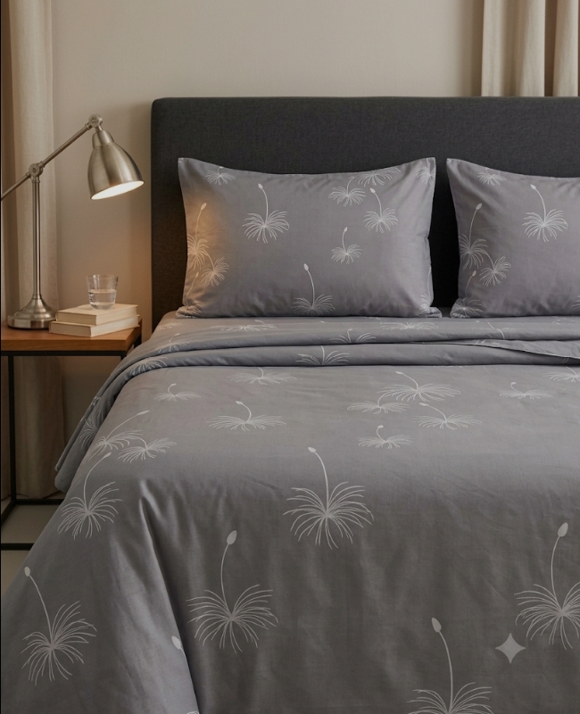 Bedeasia grey dandelion printed single cotton bedsheet set with pillow cover