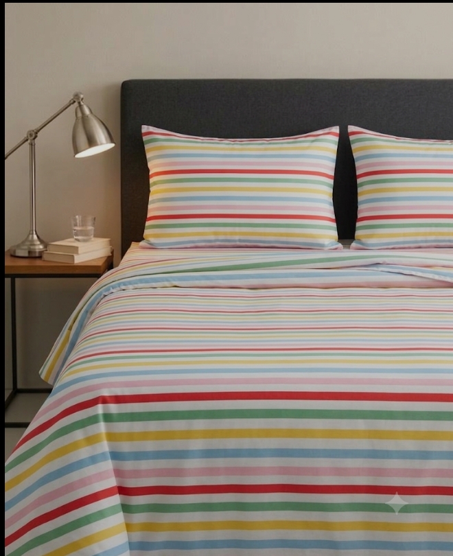 Multicolor striped cotton double bedsheet with matching pillow cover by Bedeasia