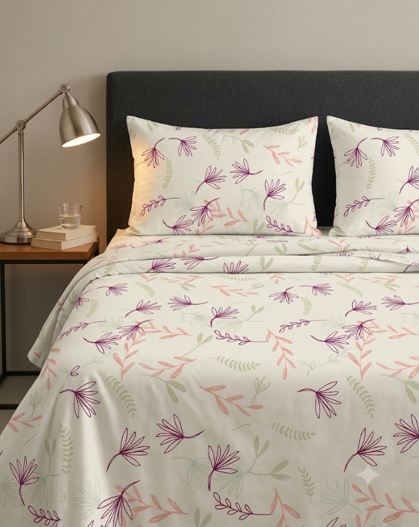 Bedeasia delicate purple floral single cotton bedsheet set with matching pillow cover