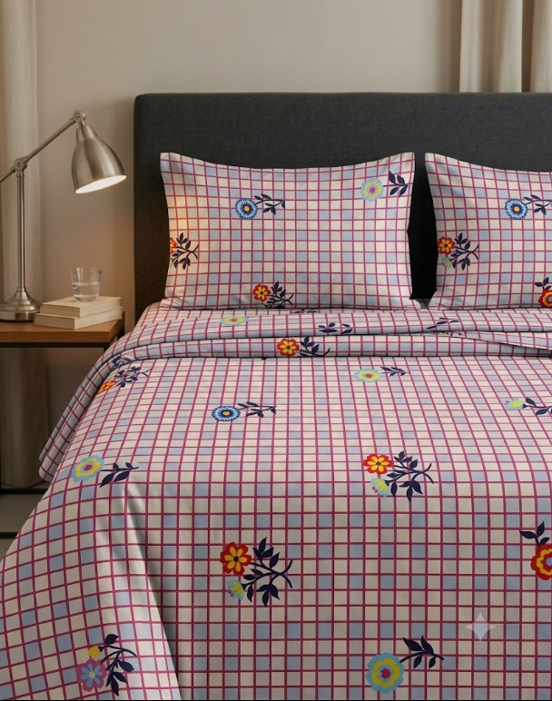 Bedeasia grid floral printed single cotton bedsheet set with pillow cover