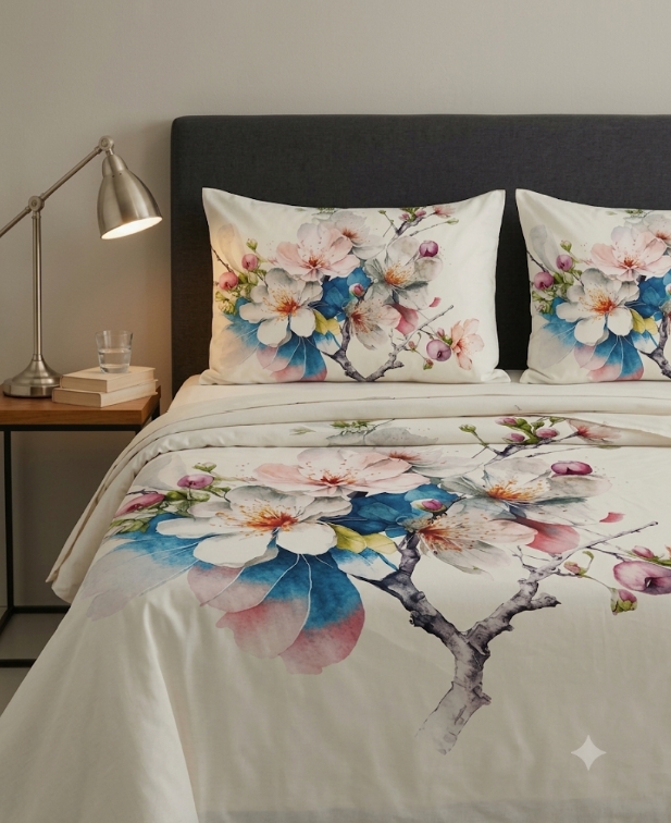 Bedeasia floral blossom cotton king size bedsheet with matching pillow covers on bed