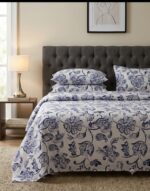 Bedeasia blue floral printed cotton king size bedsheet set on bed