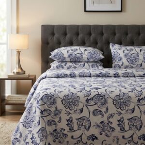 Bedeasia blue floral printed cotton king size bedsheet set on bed
