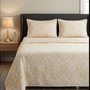 Cotton king size bedsheet with beige botanical leafy print