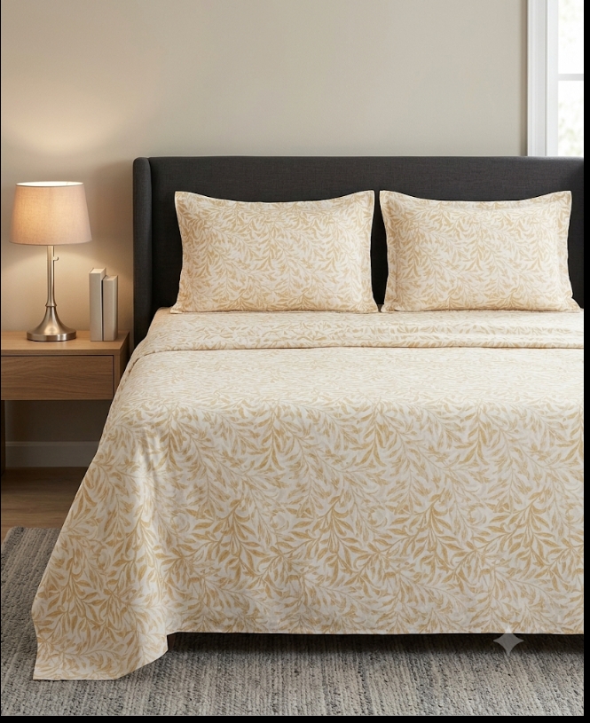 Cotton king size bedsheet with beige botanical leafy print