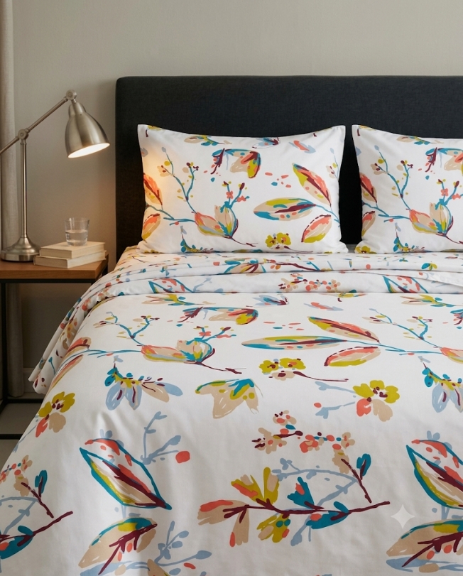 Cotton single bedsheet with colorful botanical print on a white base
