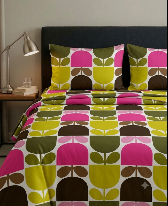 Retro floral printed cotton bedsheet set in yellow pink and green on bed